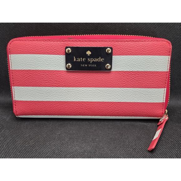 KATE SPADE NEDA EMPIRE RED/CREAM STRIPED ZIP AROUND WALLET Clean Excellent - Picture 1 of 8
